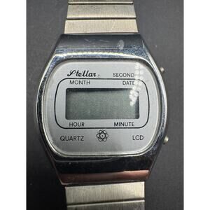 Vintage Stellar Men's Quartz LCD Digital Date Watch Silver Tone Multi Function